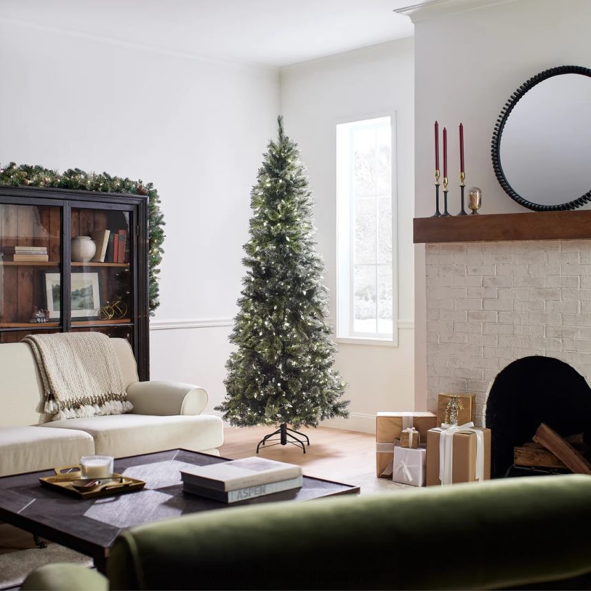 Trees | National Tree Company Pre-Lit Artificial Slim Christmas Tree Green Glittery Bristle Pine White Lights Includes Stand 75 Feet F2L4F127